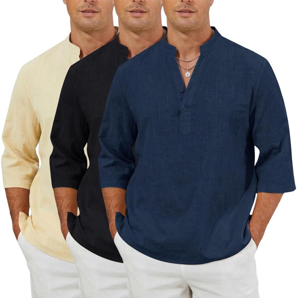 image:imageArssm Linen Shirts for Men Henley Shirts 34 Sleeve Cotton T Shirts Summer Beach TopsBlackbeigenavy