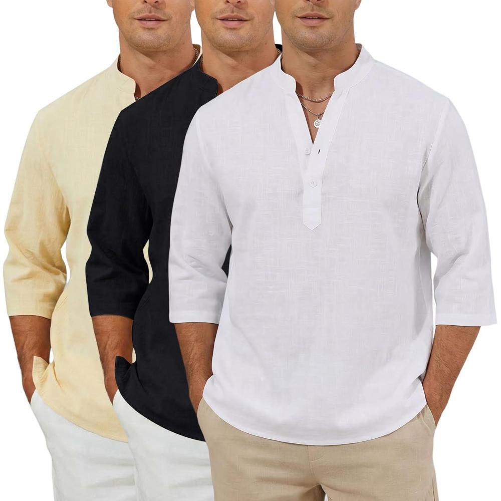 image:imageArssm Linen Shirts for Men Henley Shirts 34 Sleeve Cotton T Shirts Summer Beach TopsBlackbeigewhite