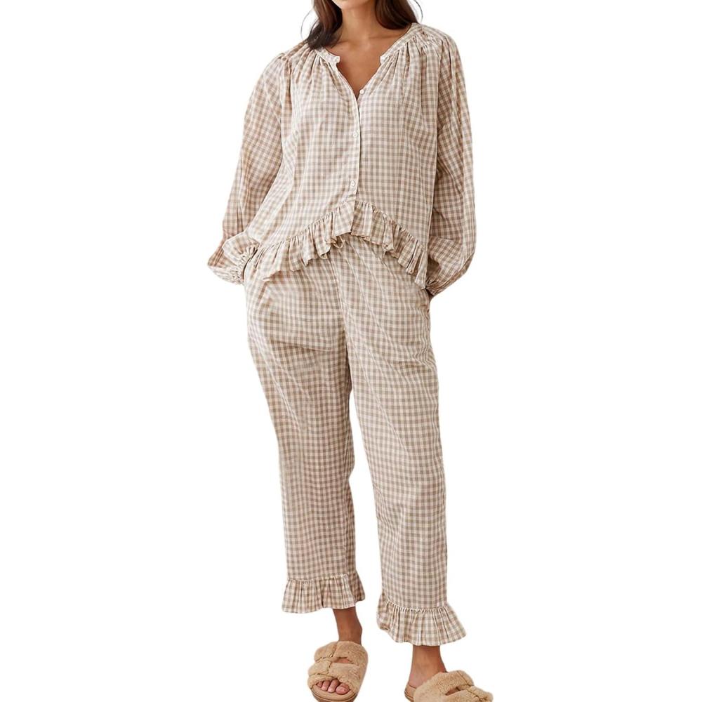 image:imageArssm Womens Gingham Pajama Set 2 Piece Plaid Button Down Long Sleeve Shirt and Pants Pjs Lounge Set OutfitsKhaki