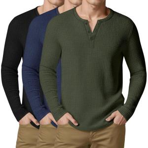 Arssm 3 Pack Mens Waffle Henley Shirts Long Sleeve Cotton Casual T-Shirts Lightweight Thermal Undershirts(Blackarmynavy)