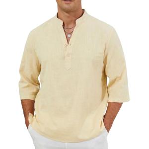 Arssm Linen Shirts for Men Henley Shirts 3/4 Sleeve Cotton T Shirts Summer Beach Tops(Beige)