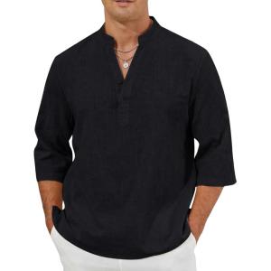 Arssm Linen Shirts for Men Henley Shirts 3/4 Sleeve Cotton T Shirts Summer Beach Tops(Black)