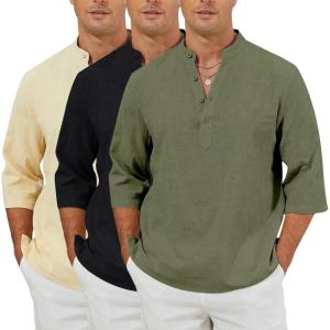 Arssm Linen Shirts for Men Henley Shirts 3/4 Sleeve Cotton T Shirts Summer Beach Tops(Black+beige+army)