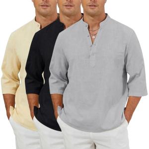 Arssm Linen Shirts for Men Henley Shirts 3/4 Sleeve Cotton T Shirts Summer Beach Tops(Black+beige+grey)
