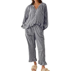 Arssm Womens Gingham Pajama Set 2 Piece Plaid Button Down Long Sleeve Shirt and Pants Pjs Lounge Set Outfits(Black)