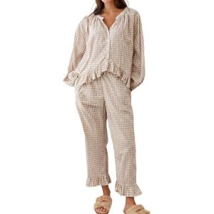 Arssm Womens Gingham Pajama Set 2 Piece Plaid Button Down Long Sleeve Shirt and Pants Pjs Lounge Set Outfits(Khaki)