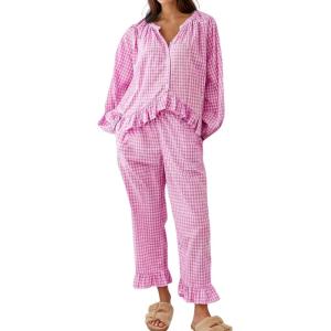 Arssm Womens Gingham Pajama Set 2 Piece Plaid Button Down Long Sleeve Shirt and Pants Pjs Lounge Set Outfits(Pink)