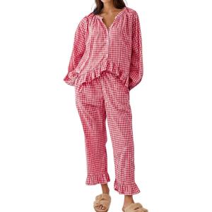 Arssm Womens Gingham Pajama Set 2 Piece Plaid Button Down Long Sleeve Shirt and Pants Pjs Lounge Set Outfits(Red)