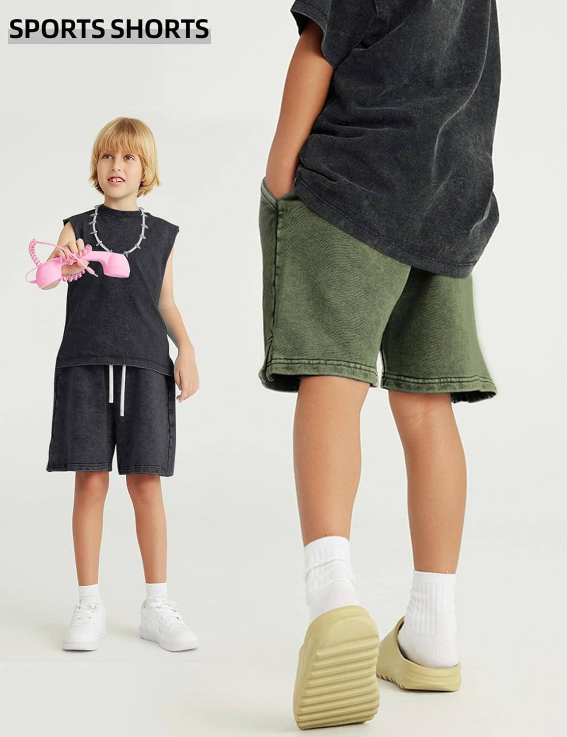 image:imageArssm 2 Pack Boys Shorts Cotton Acid Washed Athletic Shorts Kids Summer Active Shorts with PocketsBlackarmy