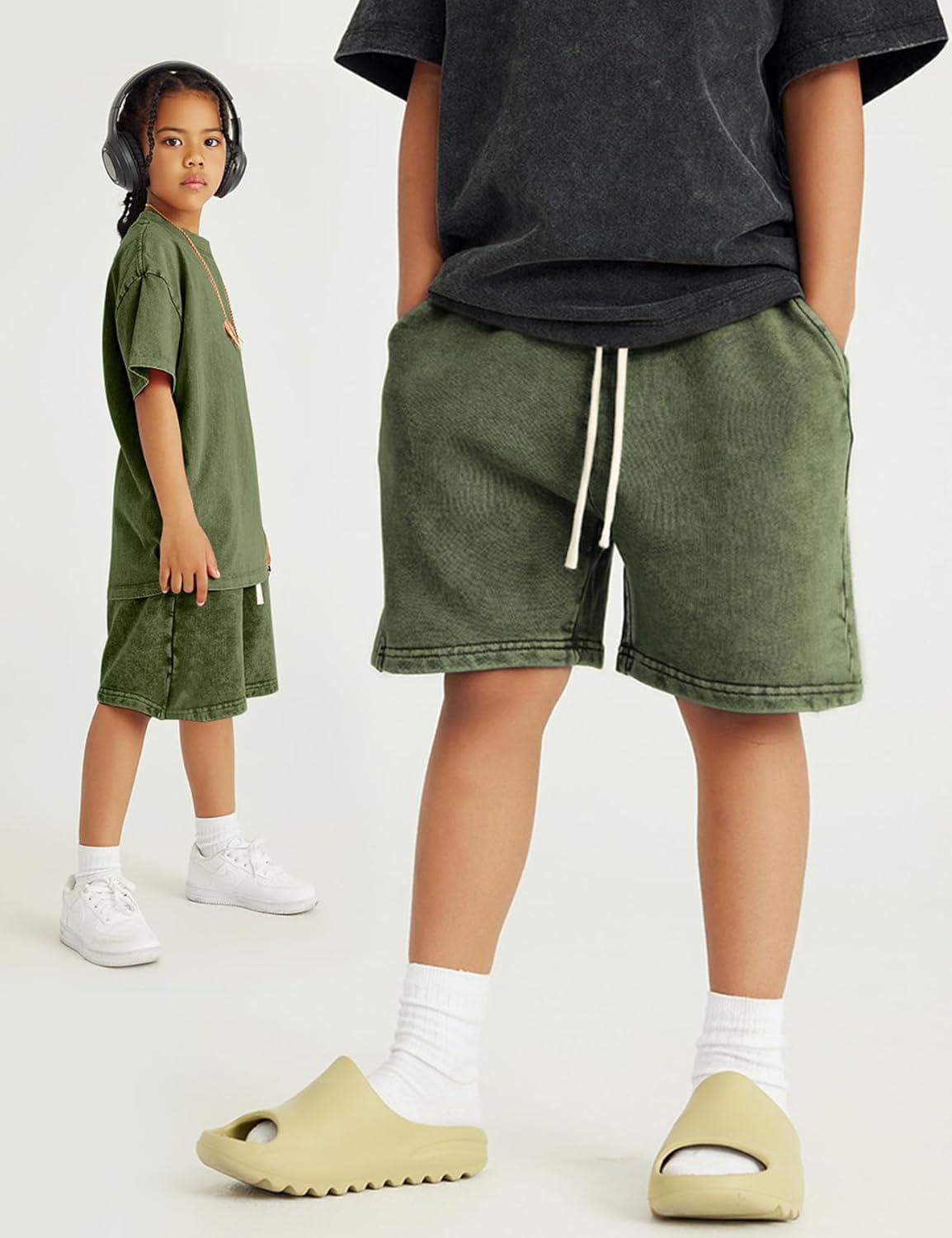 image:imageArssm 2 Pack Boys Shorts Cotton Acid Washed Athletic Shorts Kids Summer Active Shorts with PocketsBlackarmy