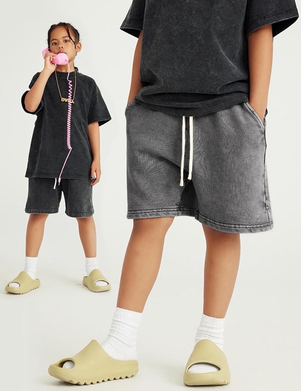 image:imageArssm 2 Pack Boys Shorts Cotton Acid Washed Athletic Shorts Kids Summer Active Shorts with PocketsBlackdarkgrey