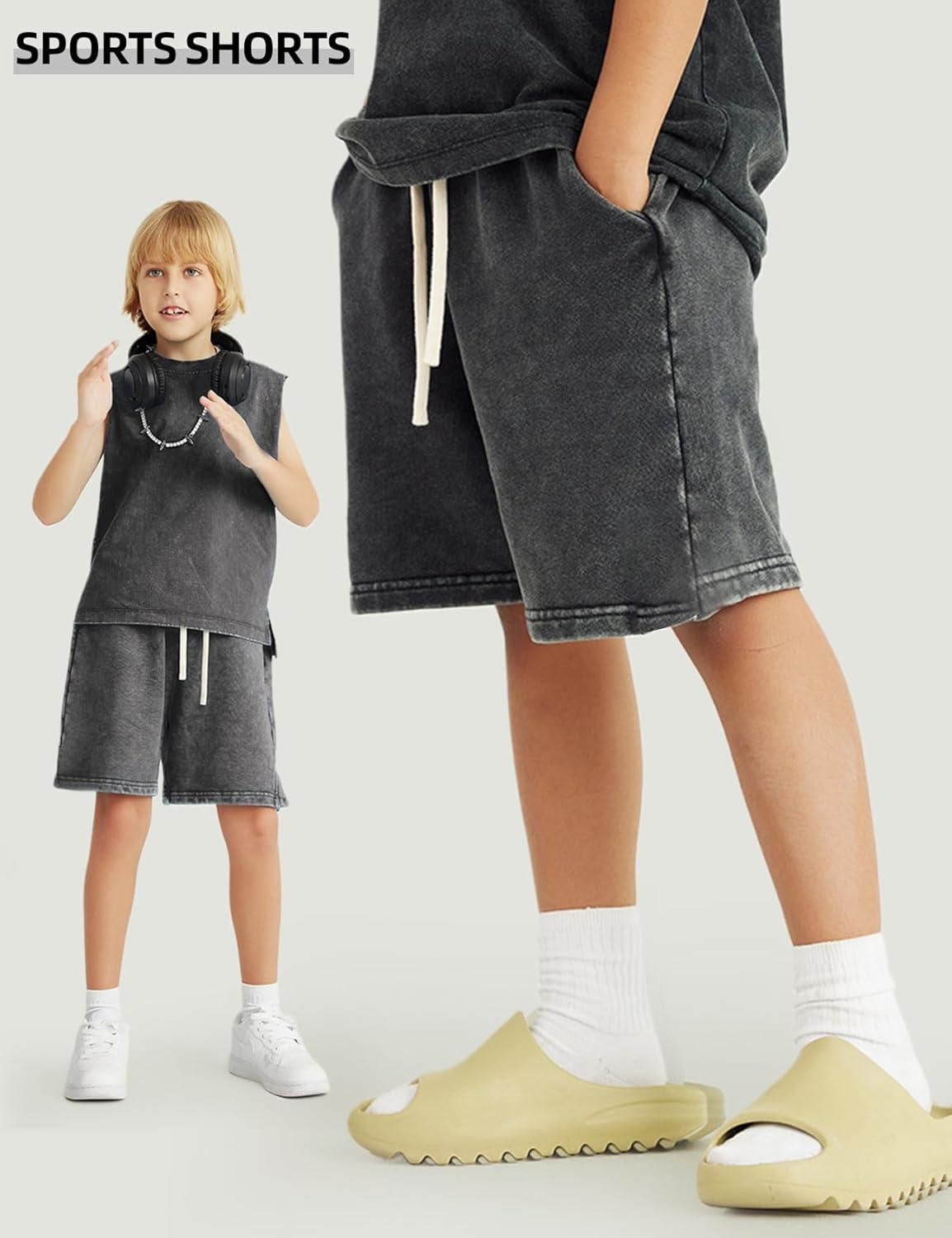 image:imageArssm 2 Pack Boys Shorts Cotton Acid Washed Athletic Shorts Kids Summer Active Shorts with PocketsBlackdarkgrey
