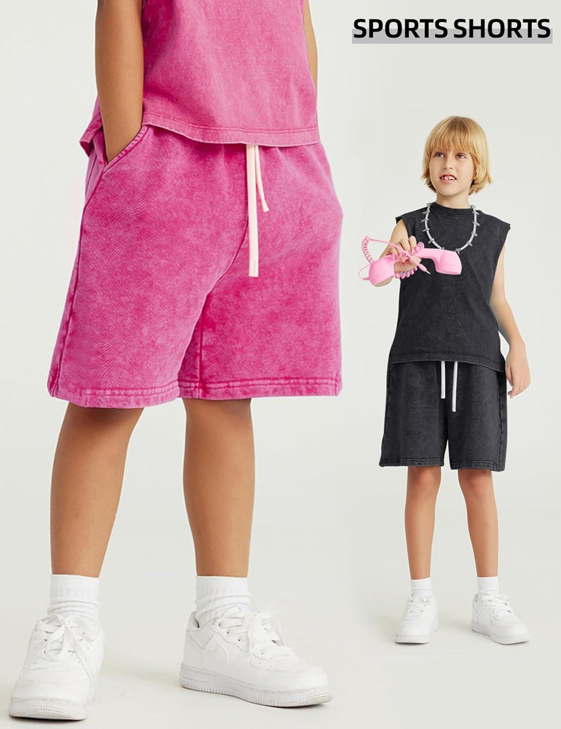 image:imageArssm 2 Pack Boys Shorts Cotton Acid Washed Athletic Shorts Kids Summer Active Shorts with PocketsBlackpink