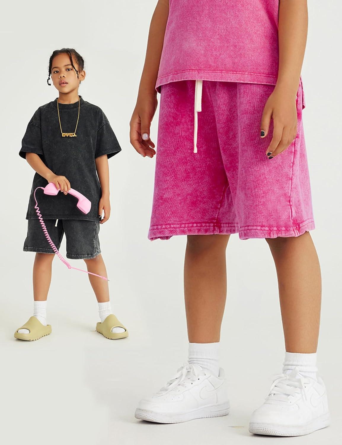 image:imageArssm 2 Pack Boys Shorts Cotton Acid Washed Athletic Shorts Kids Summer Active Shorts with PocketsBlackpink