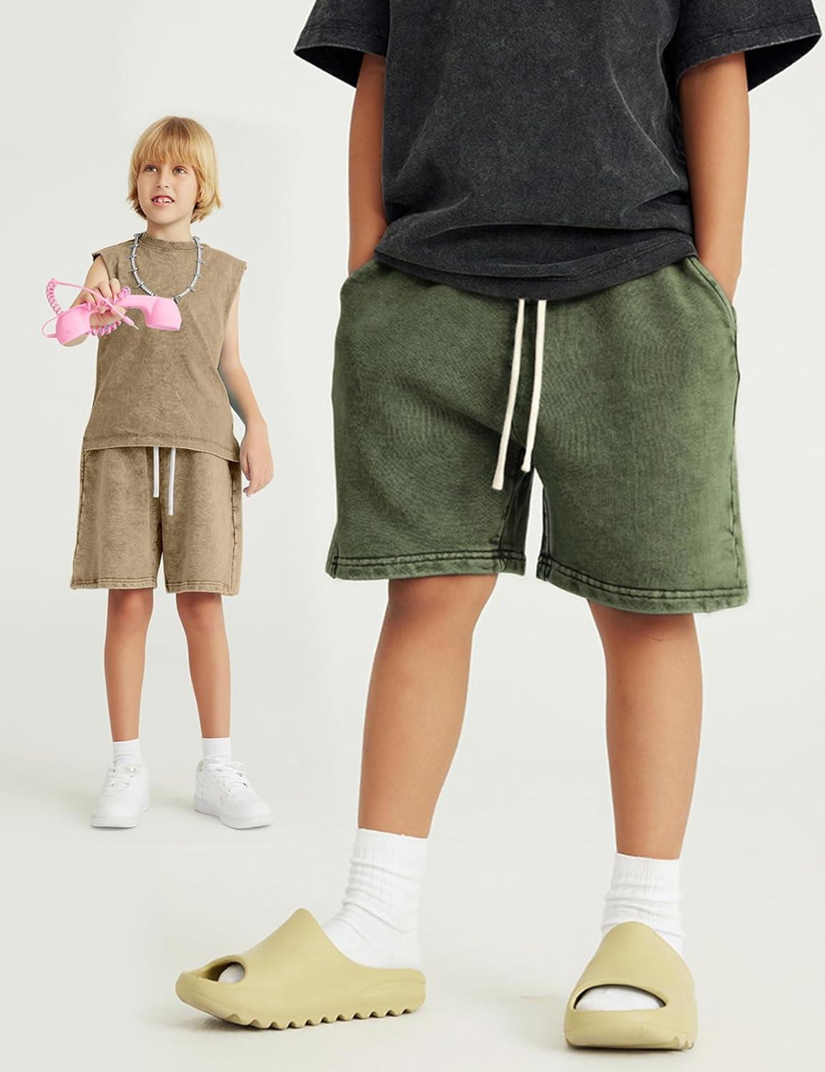 image:imageArssm 2 Pack Boys Shorts Cotton Acid Washed Athletic Shorts Kids Summer Active Shorts with PocketsKhakiarmy