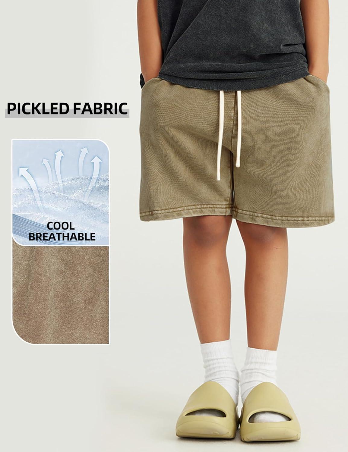 image:imageArssm 2 Pack Boys Shorts Cotton Acid Washed Athletic Shorts Kids Summer Active Shorts with PocketsKhakiarmy