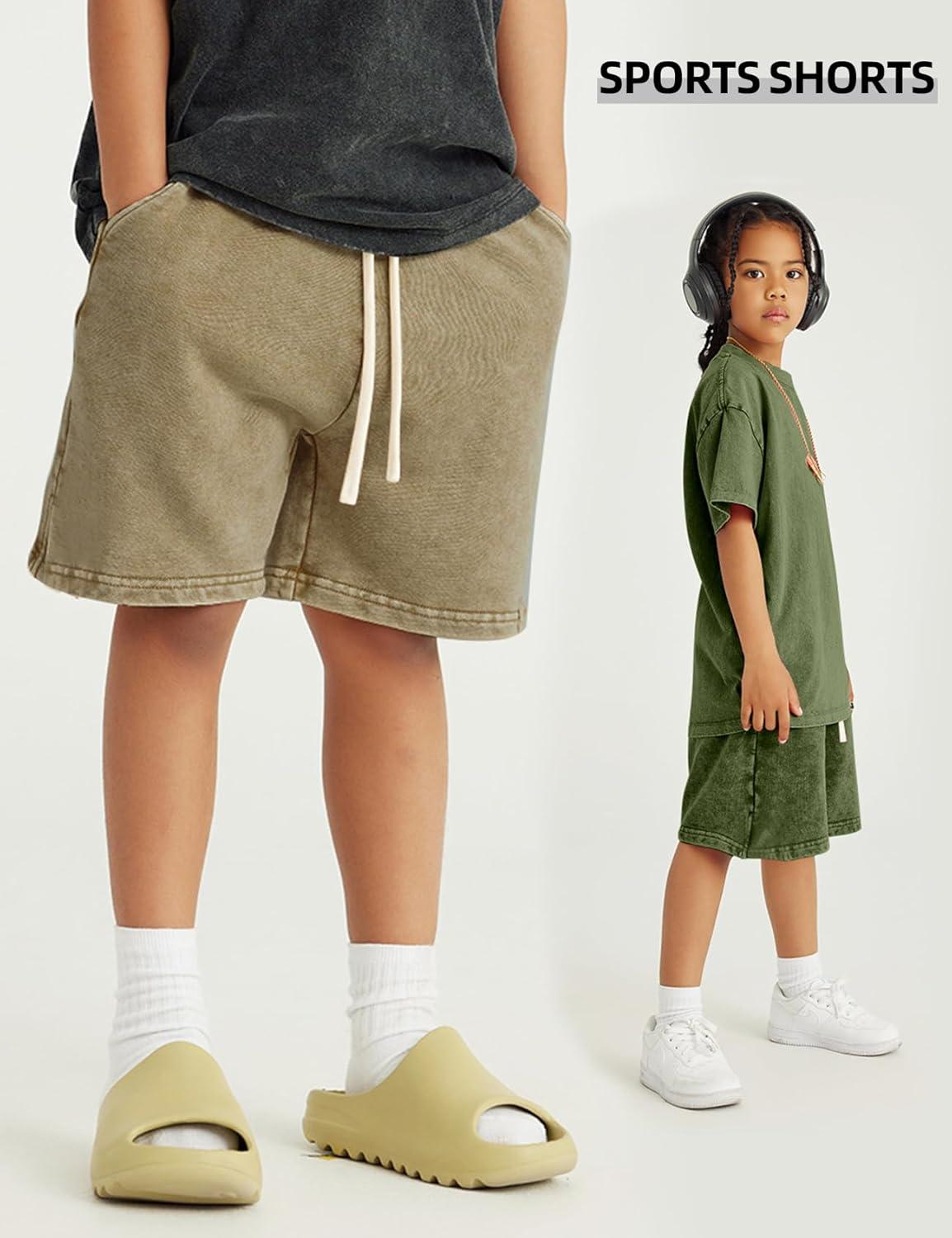 image:imageArssm 2 Pack Boys Shorts Cotton Acid Washed Athletic Shorts Kids Summer Active Shorts with PocketsKhakiarmy
