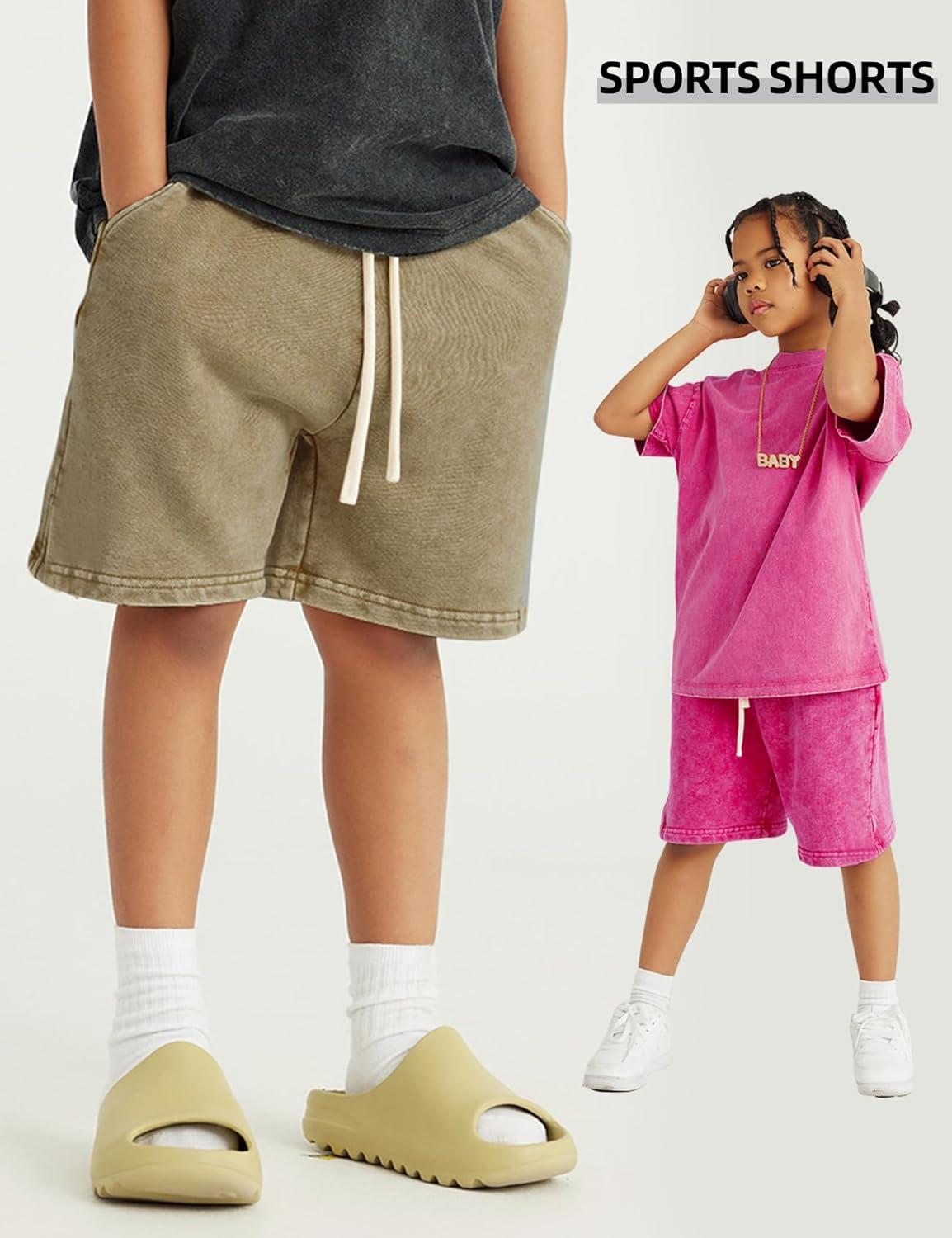image:imageArssm 2 Pack Boys Shorts Cotton Acid Washed Athletic Shorts Kids Summer Active Shorts with PocketsKhakipink