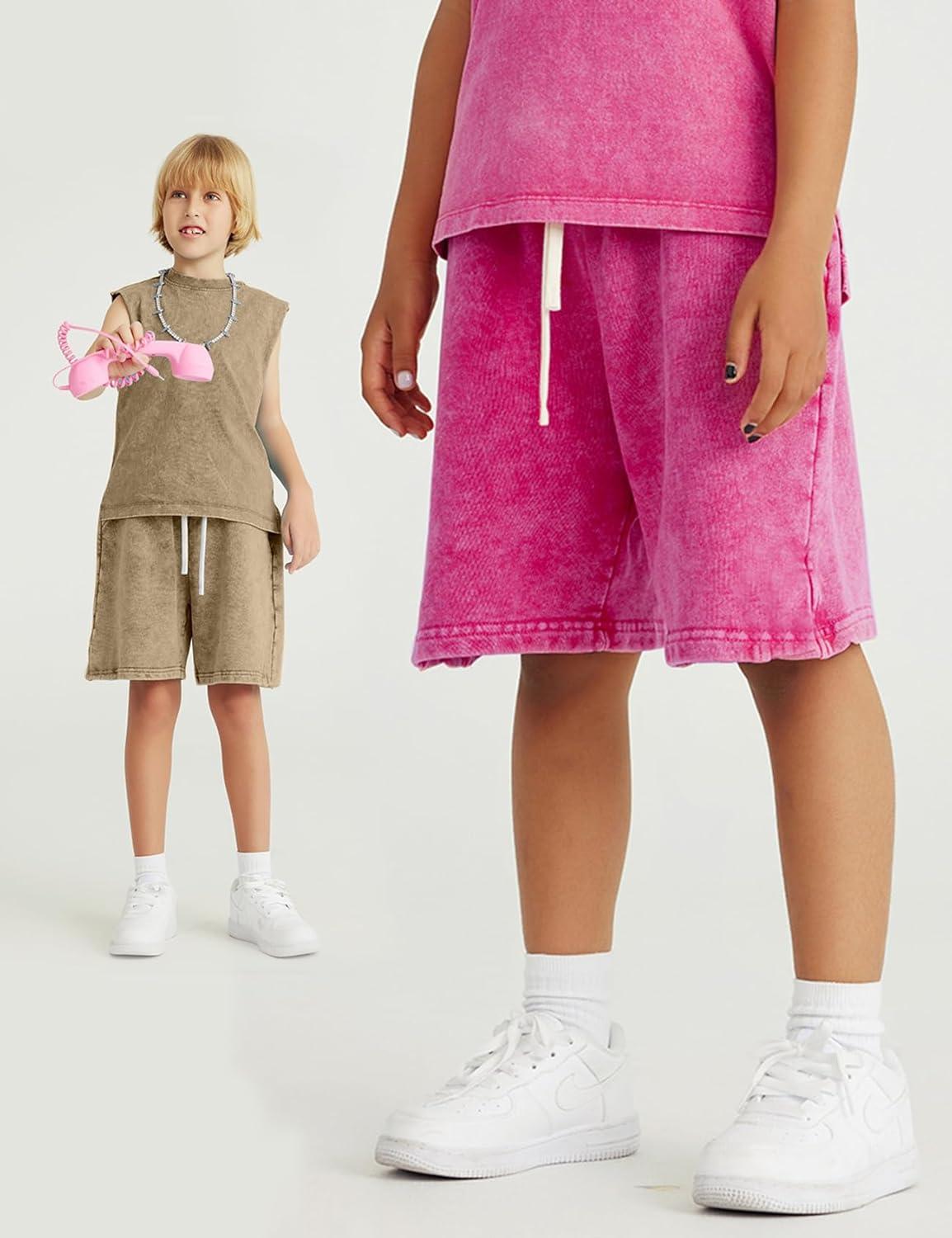 image:imageArssm 2 Pack Boys Shorts Cotton Acid Washed Athletic Shorts Kids Summer Active Shorts with PocketsKhakipink