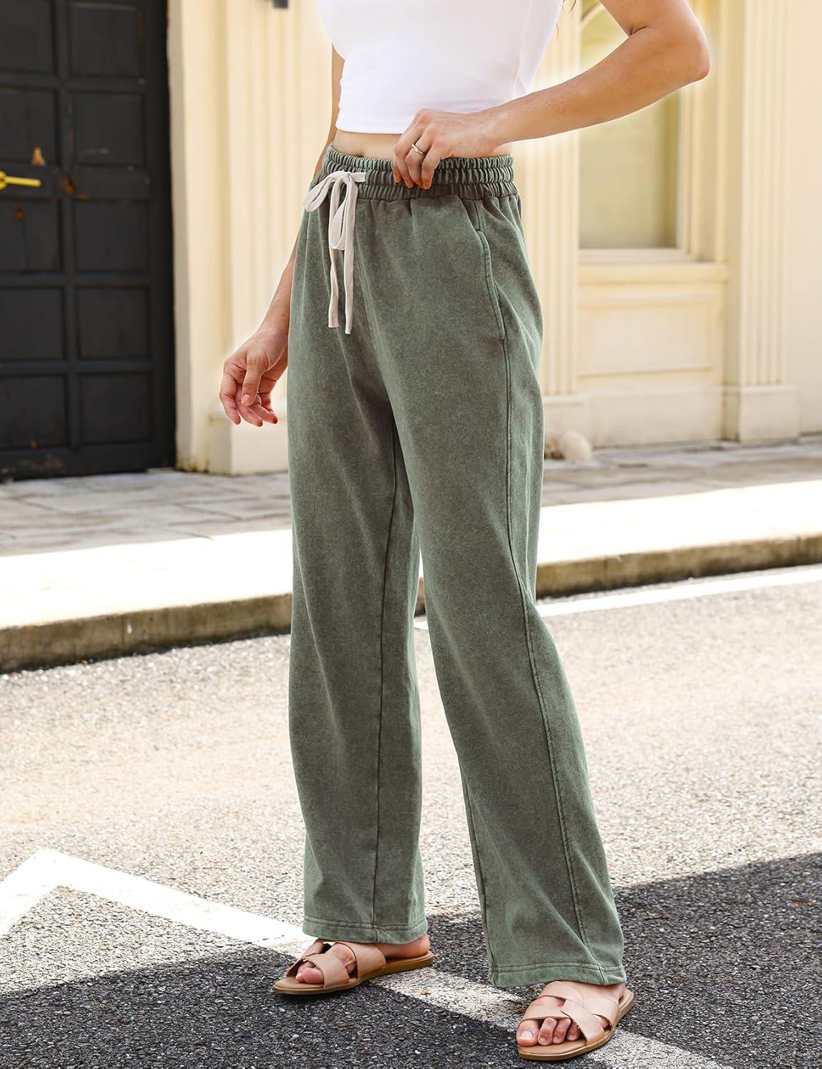 image:imageArssm Baggy Sweatpants for Women Wide Leg Pants Vintage Cotton Acid Wash Drawstring Joggers with PocketsArmy