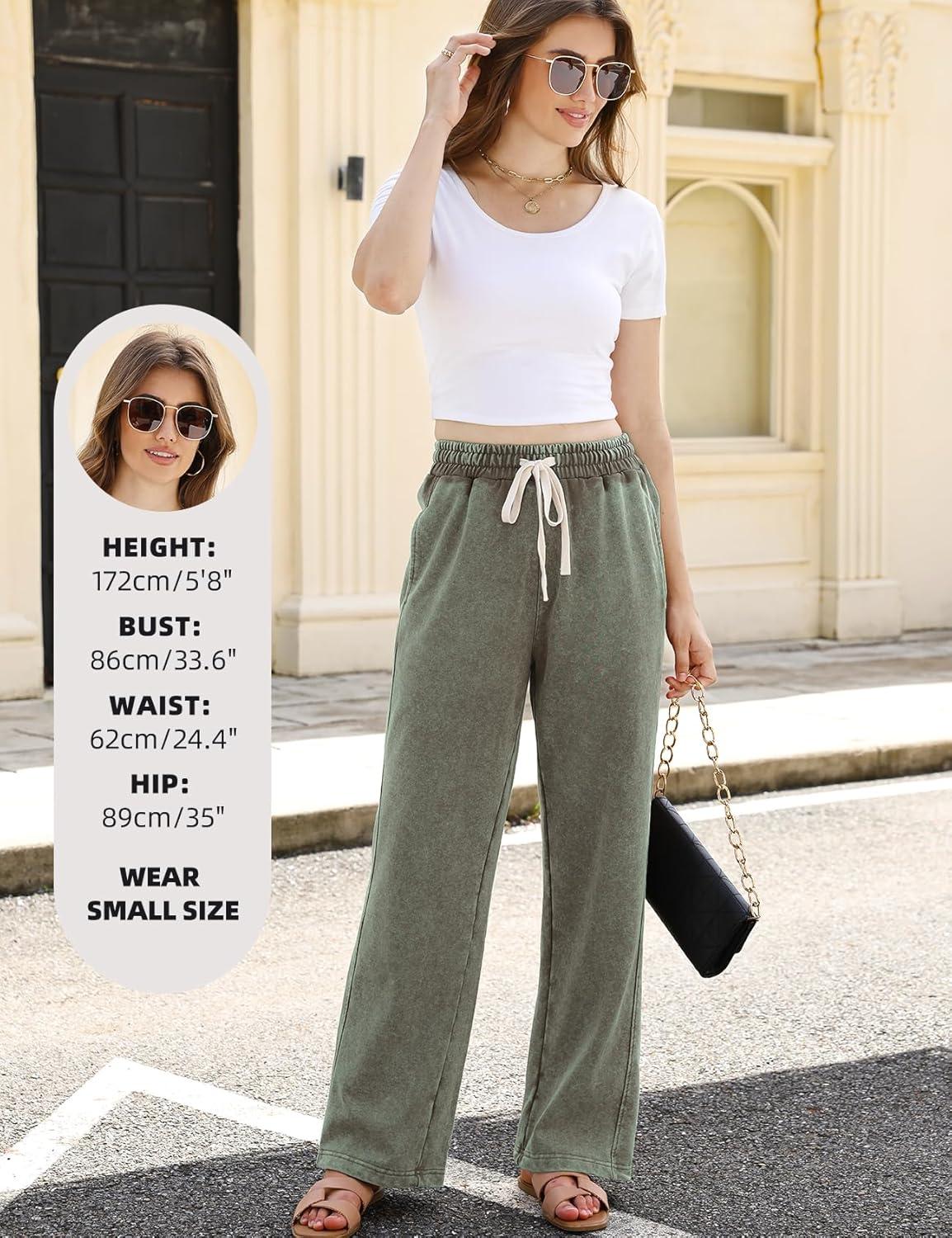 image:imageArssm Baggy Sweatpants for Women Wide Leg Pants Vintage Cotton Acid Wash Drawstring Joggers with PocketsArmy