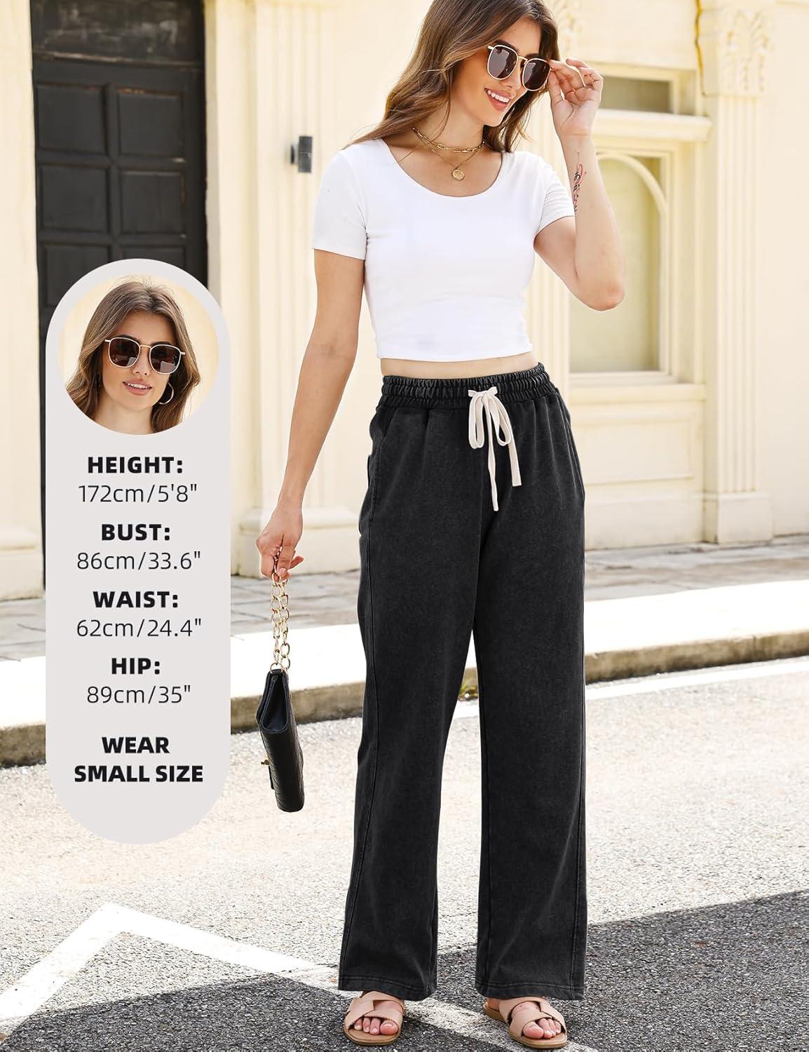 image:imageArssm Baggy Sweatpants for Women Wide Leg Pants Vintage Cotton Acid Wash Drawstring Joggers with PocketsBlack