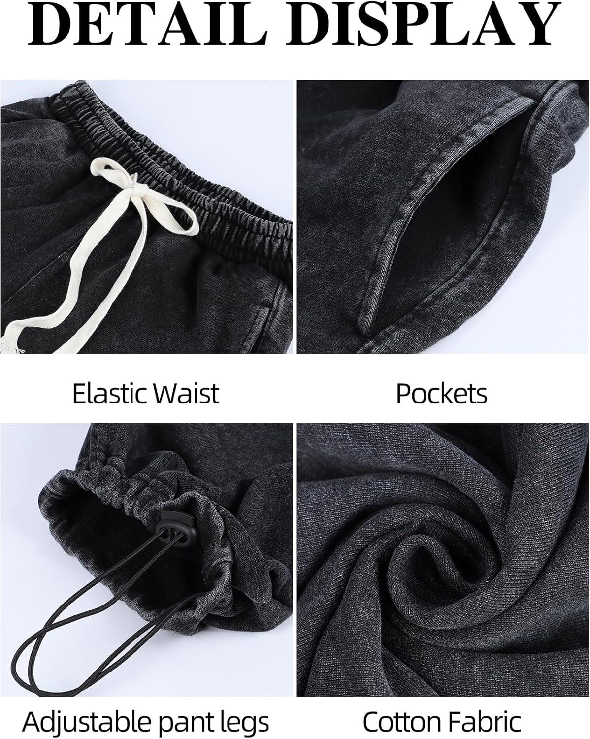 image:imageArssm Baggy Sweatpants for Women Wide Leg Pants Vintage Cotton Acid Wash Drawstring Joggers with PocketsBlack