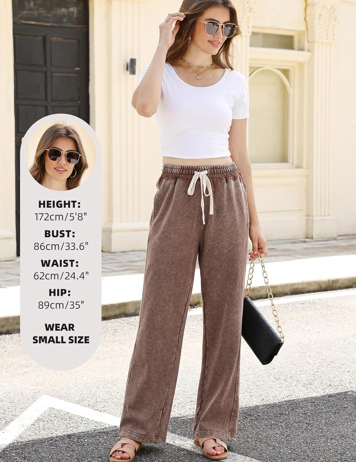 image:imageArssm Baggy Sweatpants for Women Wide Leg Pants Vintage Cotton Acid Wash Drawstring Joggers with PocketsBrown