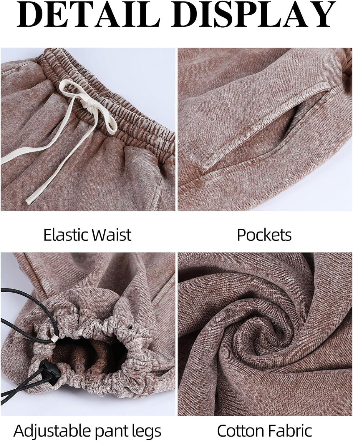image:imageArssm Baggy Sweatpants for Women Wide Leg Pants Vintage Cotton Acid Wash Drawstring Joggers with PocketsBrown