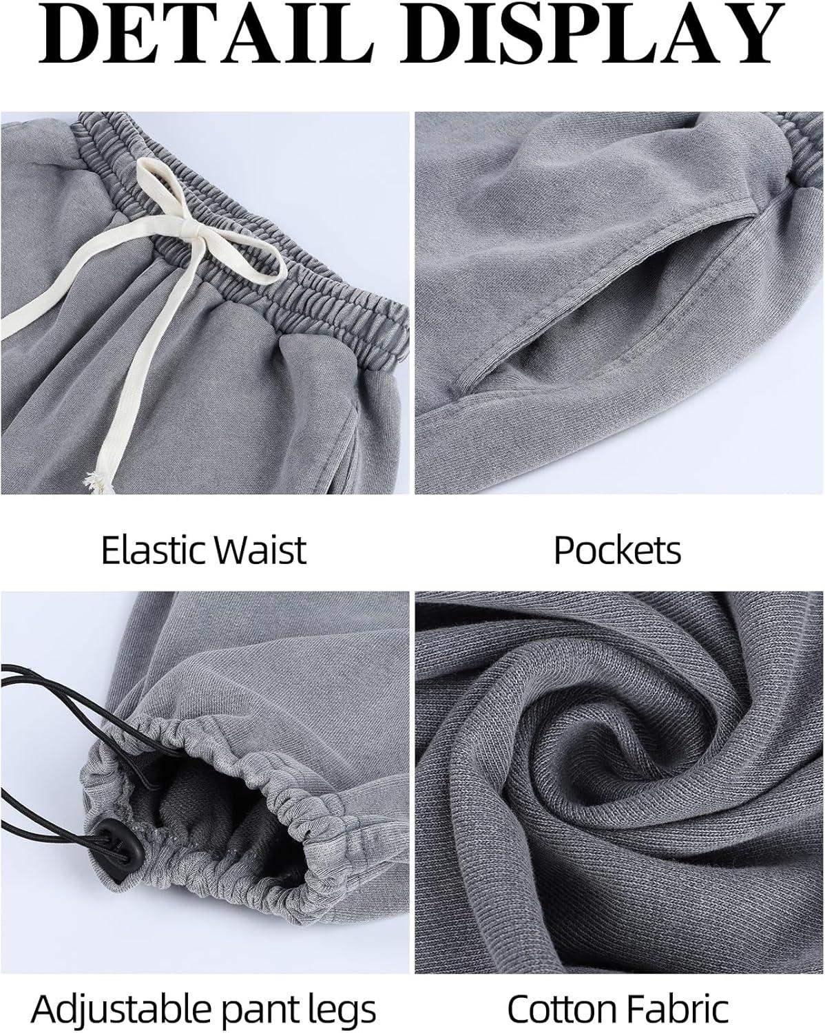 image:imageArssm Baggy Sweatpants for Women Wide Leg Pants Vintage Cotton Acid Wash Drawstring Joggers with PocketsGrey