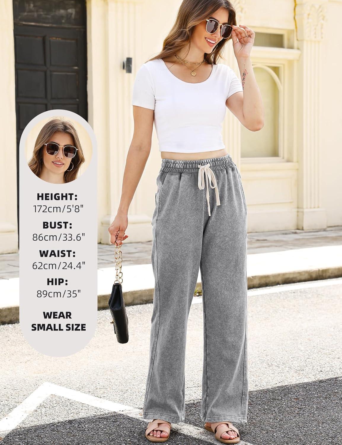 image:imageArssm Baggy Sweatpants for Women Wide Leg Pants Vintage Cotton Acid Wash Drawstring Joggers with PocketsGrey