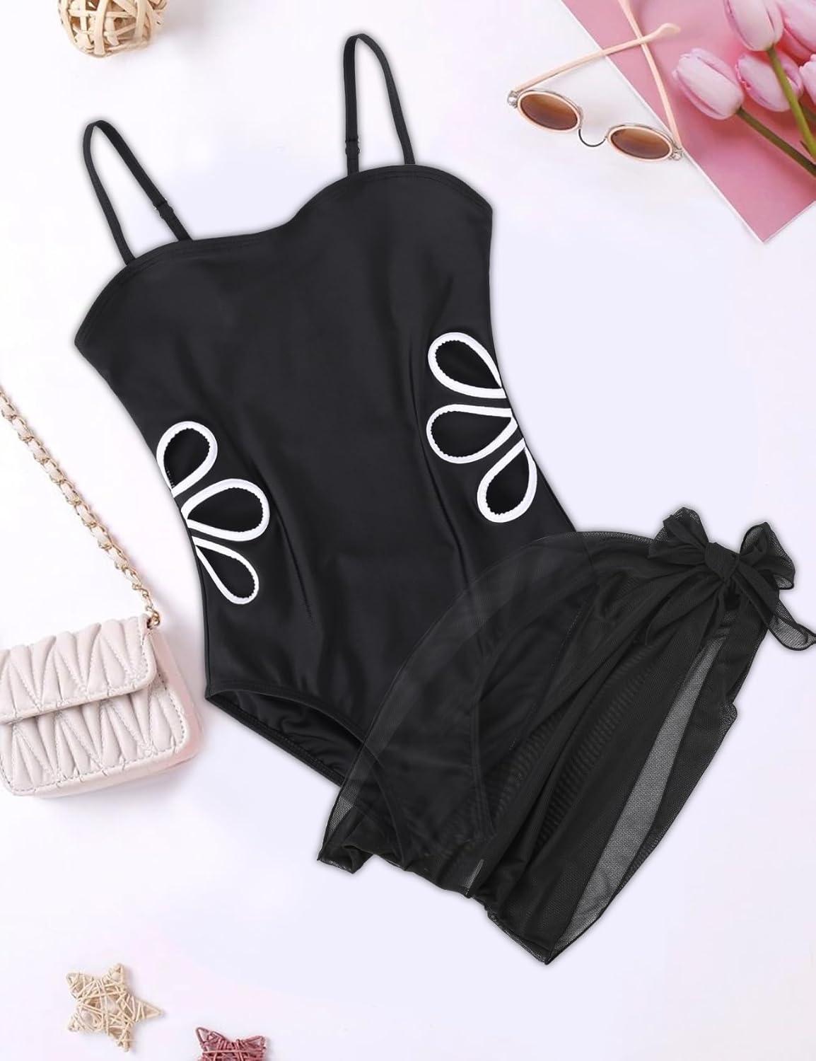 image:imageArssm Girls One Piece Swimsuits Teen Girl Swimsuit Cut Out Bathing Suit with Cover Up Skirt Swimwear 716YBlack
