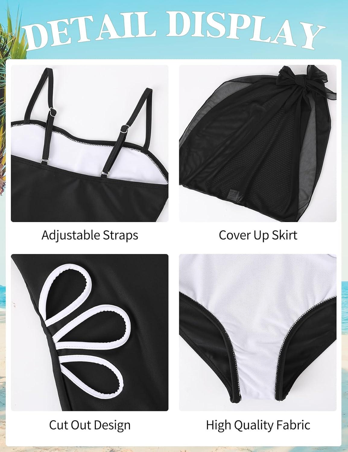 image:imageArssm Girls One Piece Swimsuits Teen Girl Swimsuit Cut Out Bathing Suit with Cover Up Skirt Swimwear 716YBlack