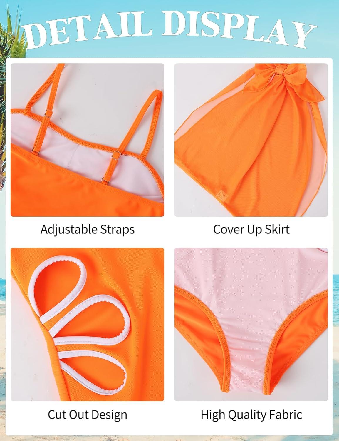 image:imageArssm Girls One Piece Swimsuits Teen Girl Swimsuit Cut Out Bathing Suit with Cover Up Skirt Swimwear 716YOrange