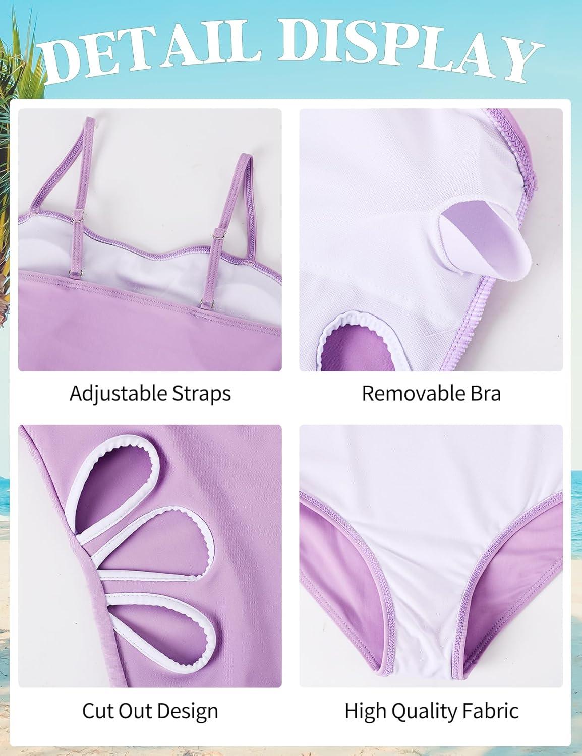 image:imageArssm Girls One Piece Swimsuits Teen Girl Swimsuit Cut Out Bathing Suit with Cover Up Skirt Swimwear 716YPurple