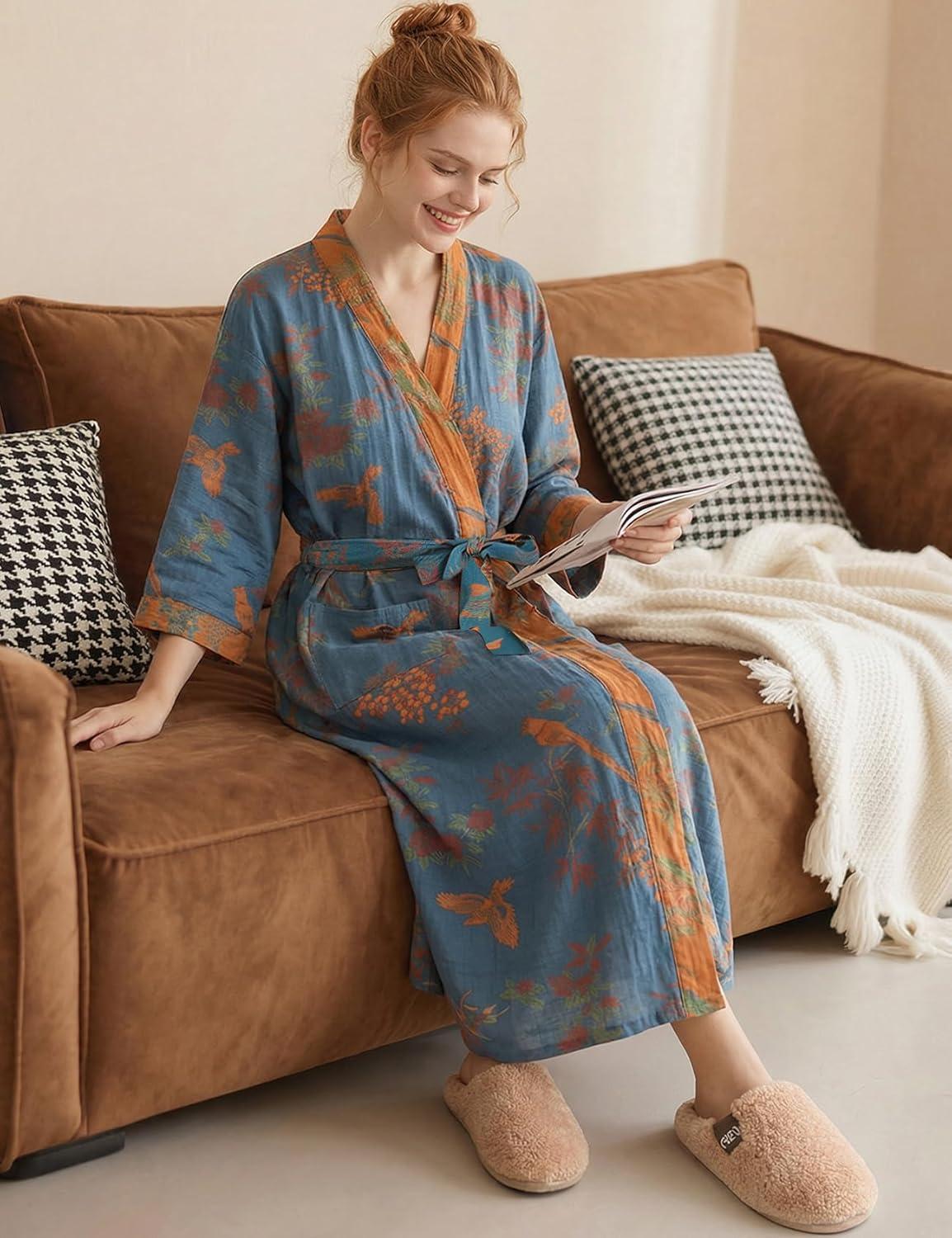image:imageArssm Kimono Robes for Women Long Cotton Gauze Robe Jacquard Japanese Sleepwear Yukata Muslin Bathrobe LoungewearBlue