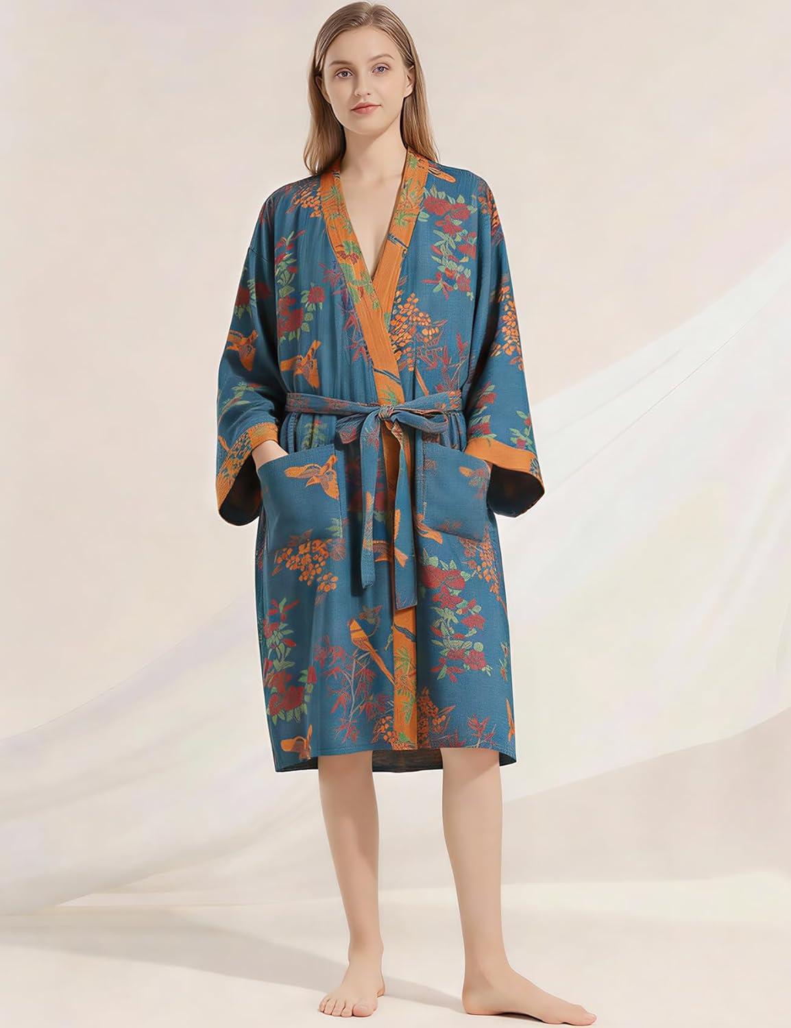 image:imageArssm Kimono Robes for Women Long Cotton Gauze Robe Jacquard Japanese Sleepwear Yukata Muslin Bathrobe LoungewearBlue