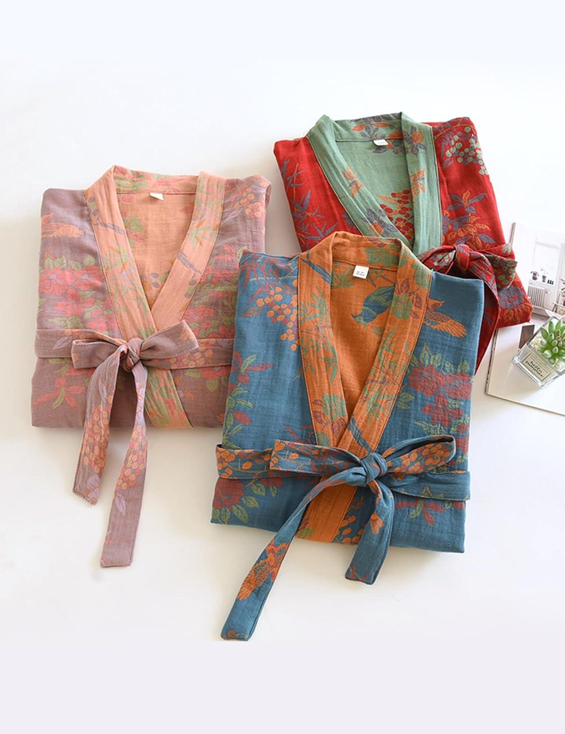 image:imageArssm Kimono Robes for Women Long Cotton Gauze Robe Jacquard Japanese Sleepwear Yukata Muslin Bathrobe LoungewearBlue
