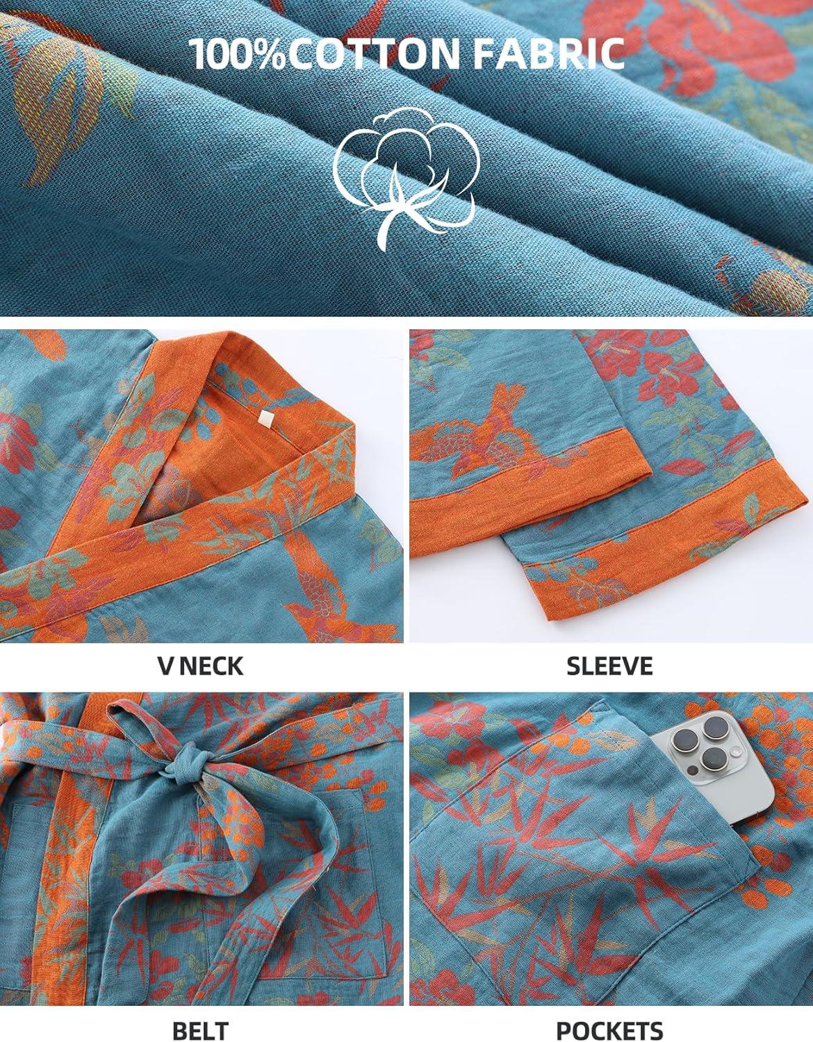 image:imageArssm Kimono Robes for Women Long Cotton Gauze Robe Jacquard Japanese Sleepwear Yukata Muslin Bathrobe LoungewearBlue