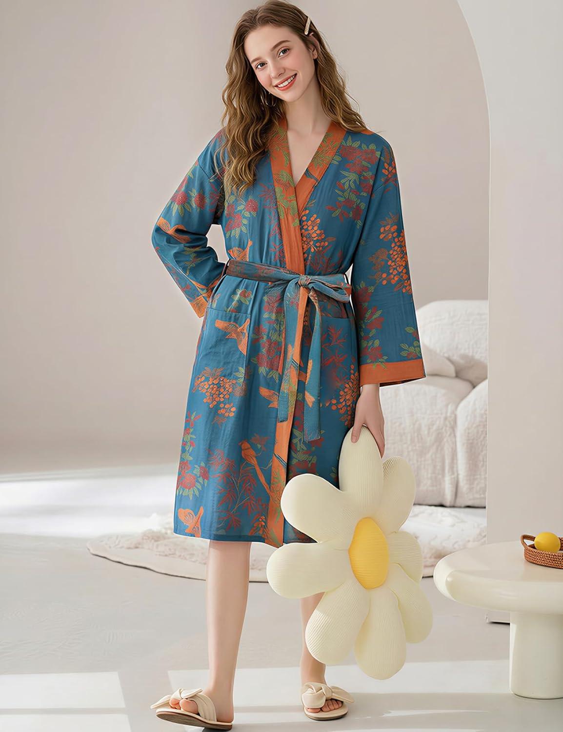 image:imageArssm Kimono Robes for Women Long Cotton Gauze Robe Jacquard Japanese Sleepwear Yukata Muslin Bathrobe LoungewearBlue