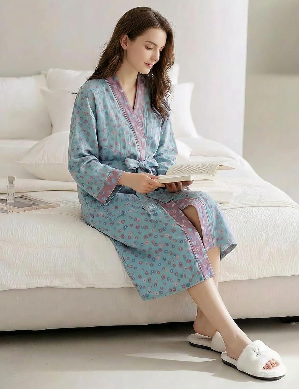 image:imageArssm Kimono Robes for Women Long Cotton Gauze Robe Jacquard Japanese Sleepwear Yukata Muslin Bathrobe LoungewearFloral