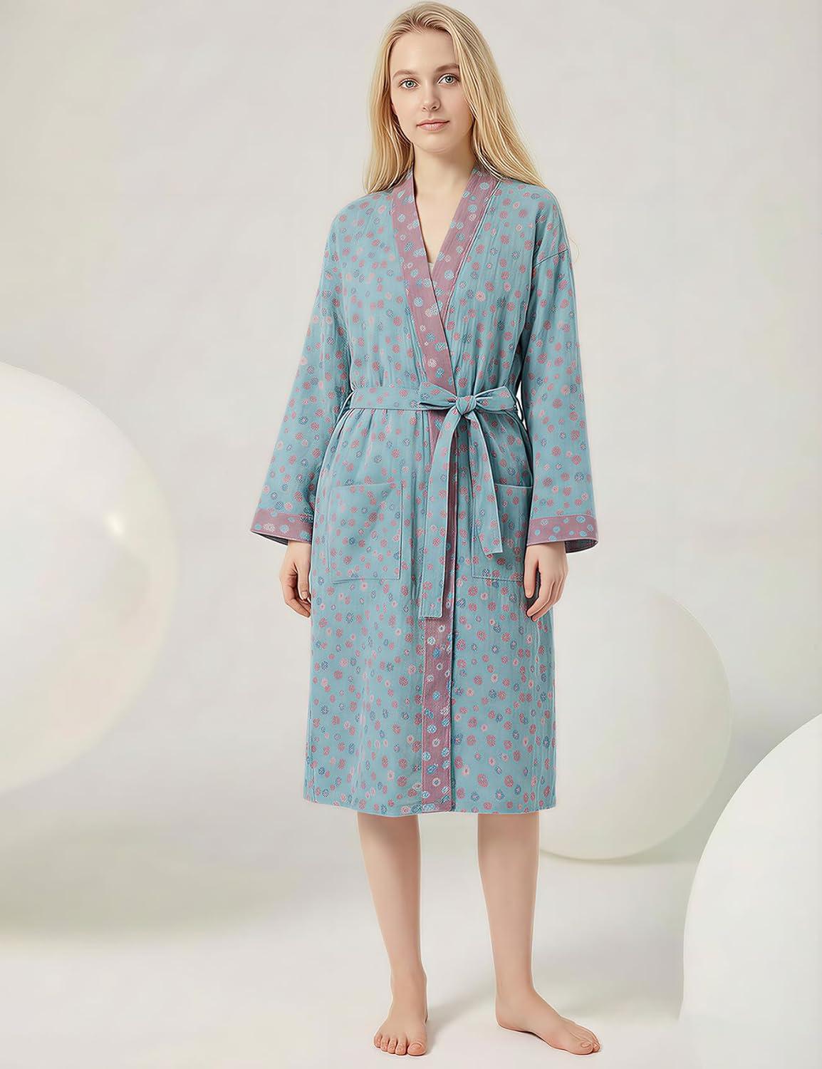 image:imageArssm Kimono Robes for Women Long Cotton Gauze Robe Jacquard Japanese Sleepwear Yukata Muslin Bathrobe LoungewearFloral