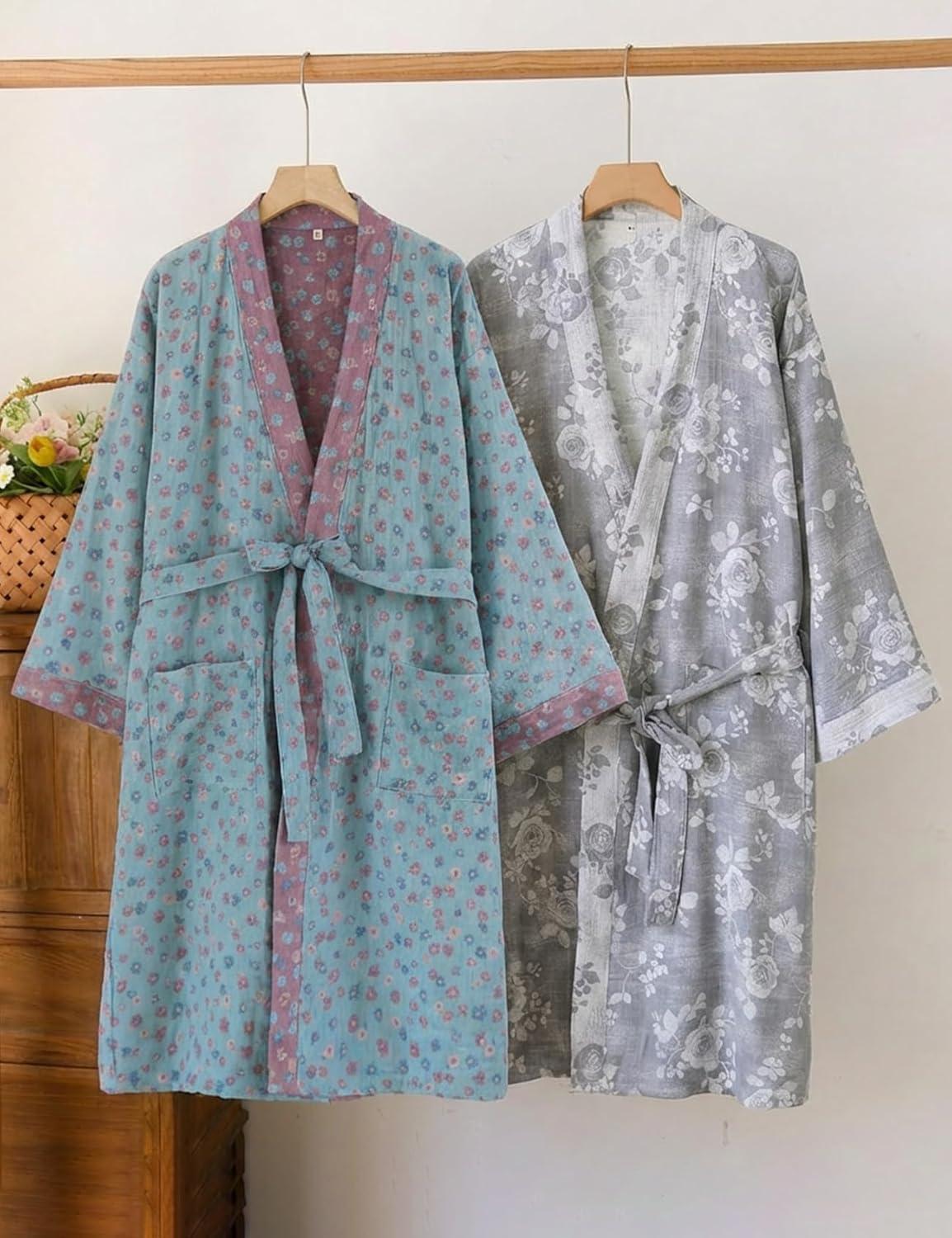 image:imageArssm Kimono Robes for Women Long Cotton Gauze Robe Jacquard Japanese Sleepwear Yukata Muslin Bathrobe LoungewearFloral