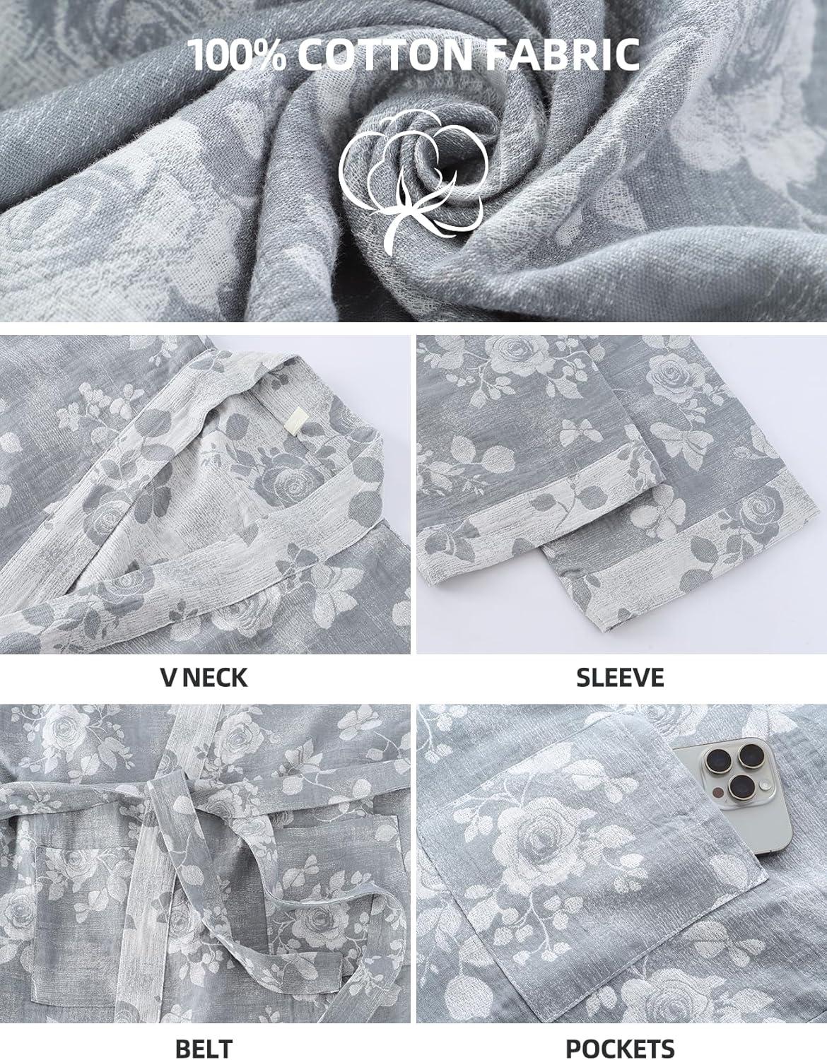 image:imageArssm Kimono Robes for Women Long Cotton Gauze Robe Jacquard Japanese Sleepwear Yukata Muslin Bathrobe LoungewearGreyroses
