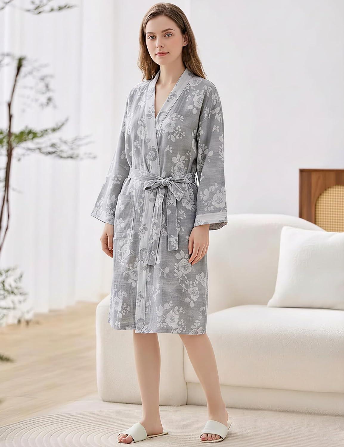 image:imageArssm Kimono Robes for Women Long Cotton Gauze Robe Jacquard Japanese Sleepwear Yukata Muslin Bathrobe LoungewearGreyroses