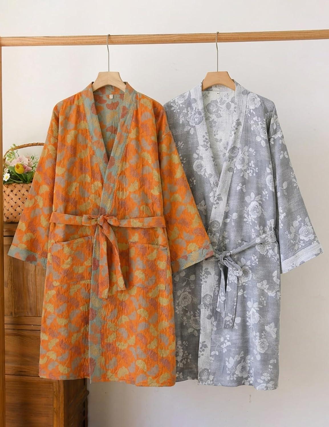 image:imageArssm Kimono Robes for Women Long Cotton Gauze Robe Jacquard Japanese Sleepwear Yukata Muslin Bathrobe LoungewearGreyroses