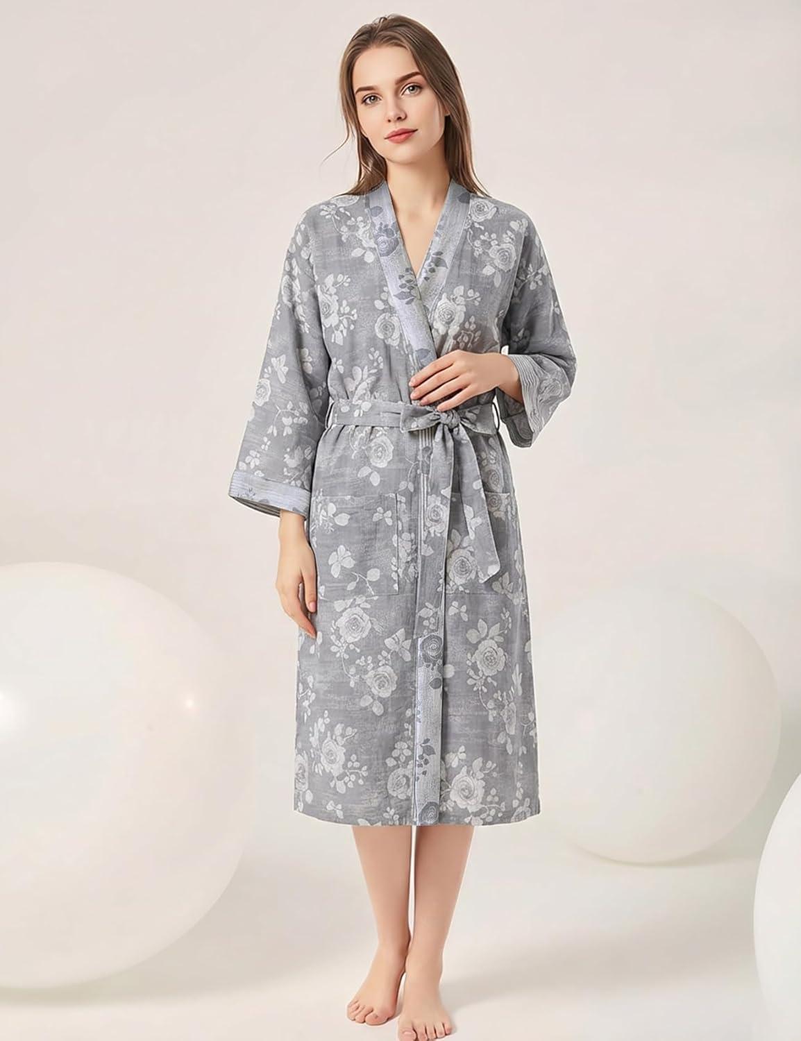 image:imageArssm Kimono Robes for Women Long Cotton Gauze Robe Jacquard Japanese Sleepwear Yukata Muslin Bathrobe LoungewearGreyroses