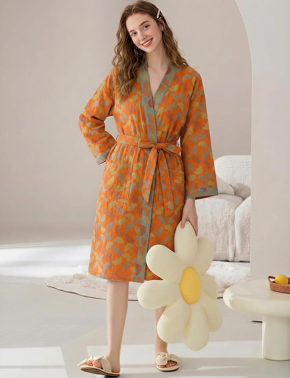 image:imageArssm Kimono Robes for Women Long Cotton Gauze Robe Jacquard Japanese Sleepwear Yukata Muslin Bathrobe LoungewearOrangeleaves