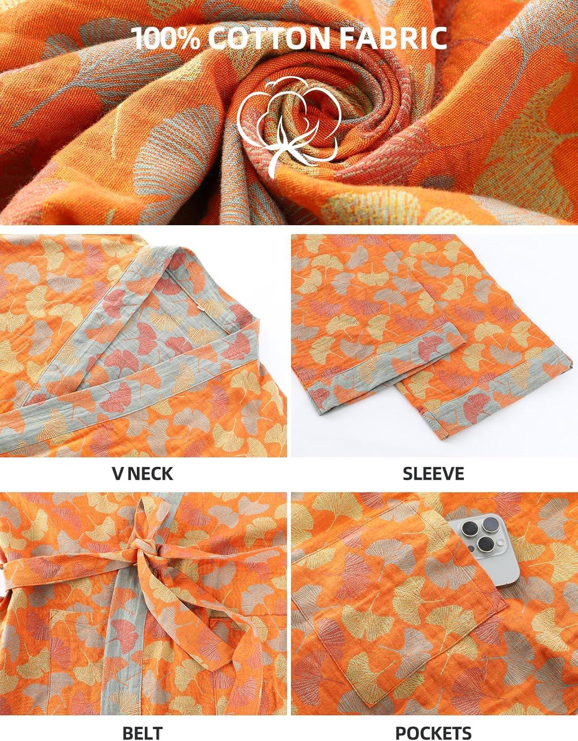image:imageArssm Kimono Robes for Women Long Cotton Gauze Robe Jacquard Japanese Sleepwear Yukata Muslin Bathrobe LoungewearOrangeleaves