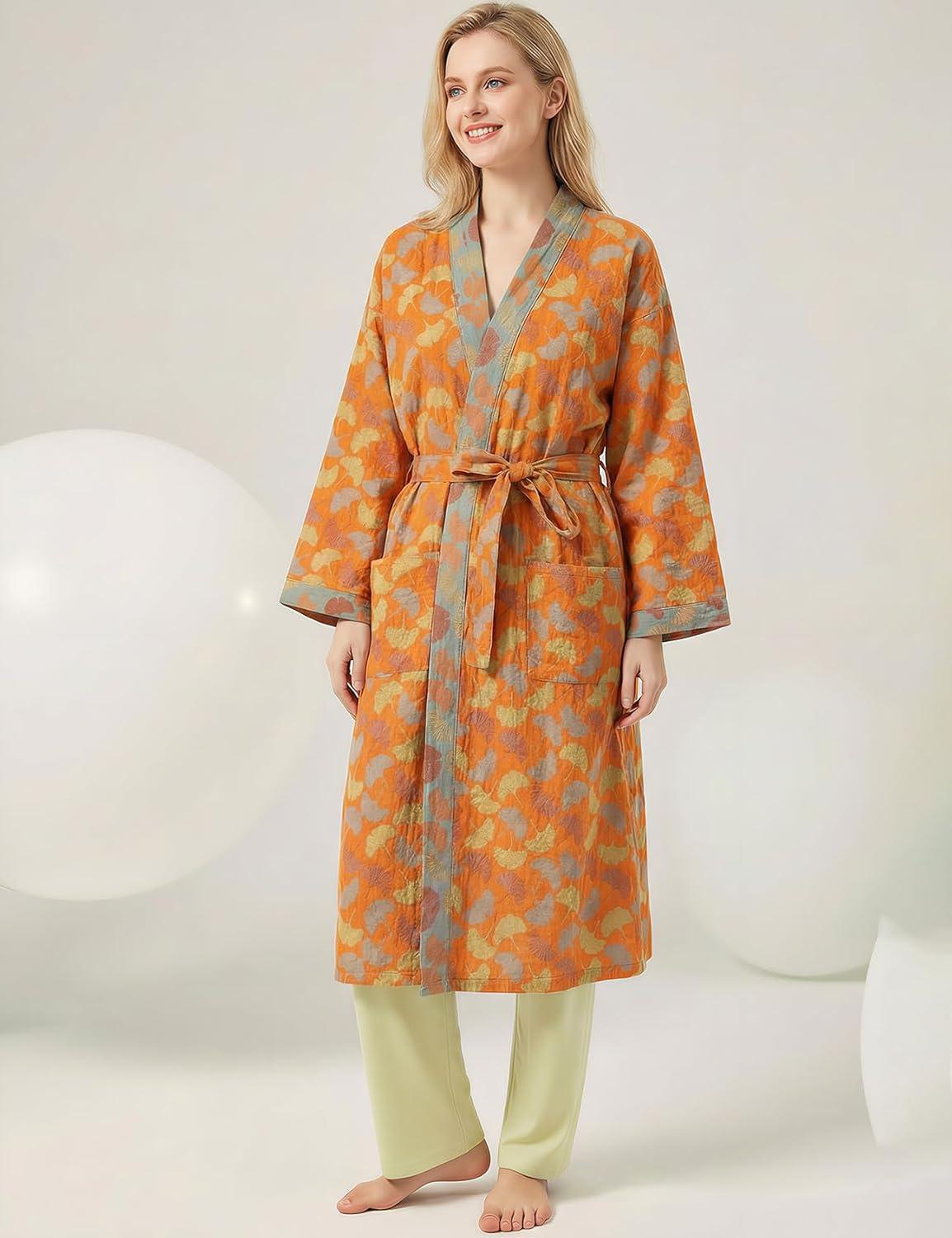 image:imageArssm Kimono Robes for Women Long Cotton Gauze Robe Jacquard Japanese Sleepwear Yukata Muslin Bathrobe LoungewearOrangeleaves